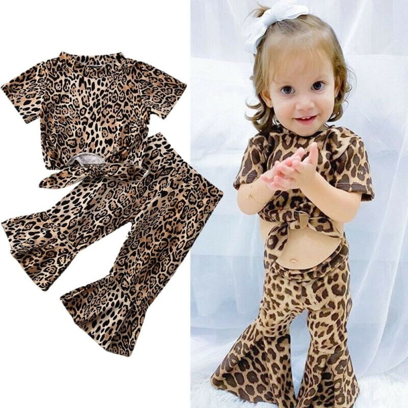 Toddler Kids Baby Girls Leopard Outfit Short Sleeve Shirt Tops Bell