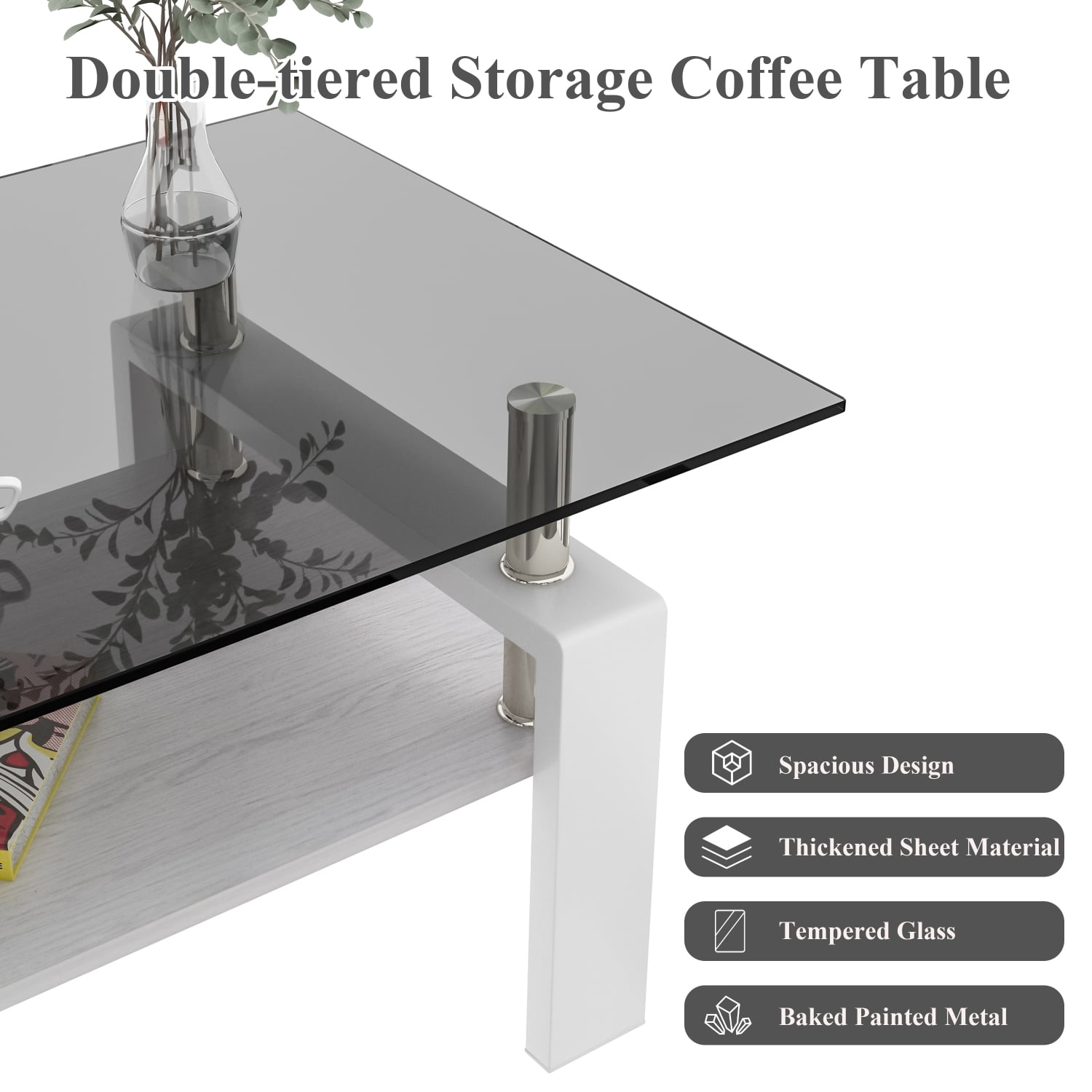 Rectangle Coffee Table, Modern Tempered Glass and MDF Living Room Table