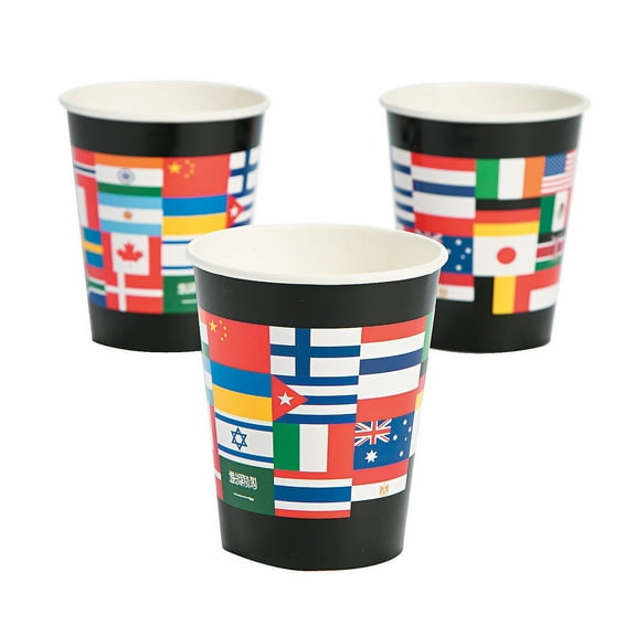 Flags Of All Nations Paper Cups - Party Supplies - 8 Pieces