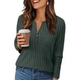 thumbnail image 2 of Holzkary Womens Henley Sweaters Lightweight Long Sleeve Shirts V Neck Tops with Button Fall Outfits 2025 Tunic Top Solid Color Button Knit Fall Winter V Neck Stripe Top Blackish Green L, 2 of 7