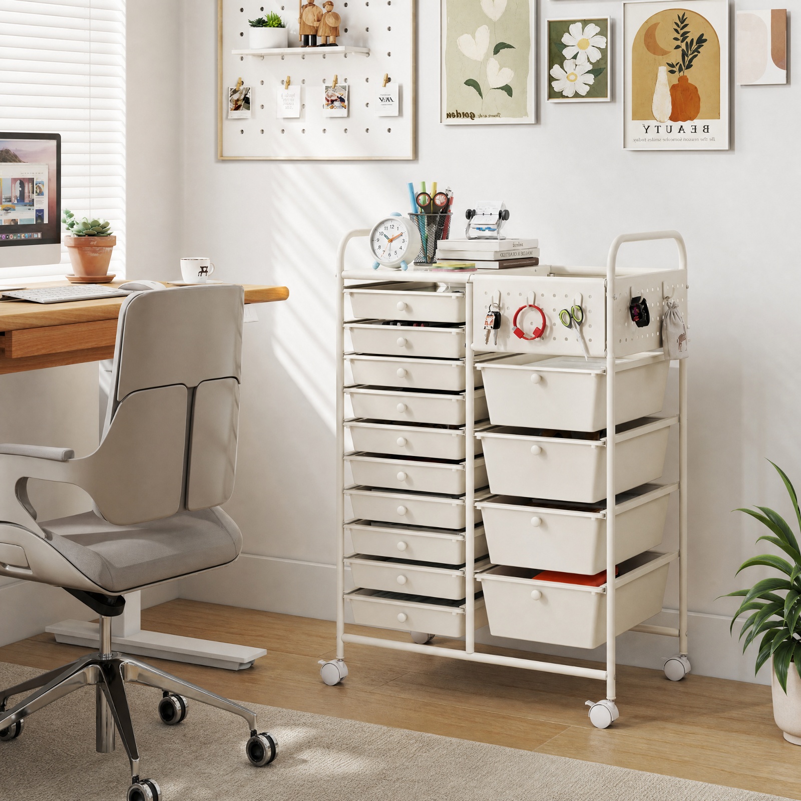 Furnibear 14 Drawer Rolling Storage Cart with Metal Tabletop Pegboard and Locking Wheels for Kitchen Office and Classroom Organizing, White