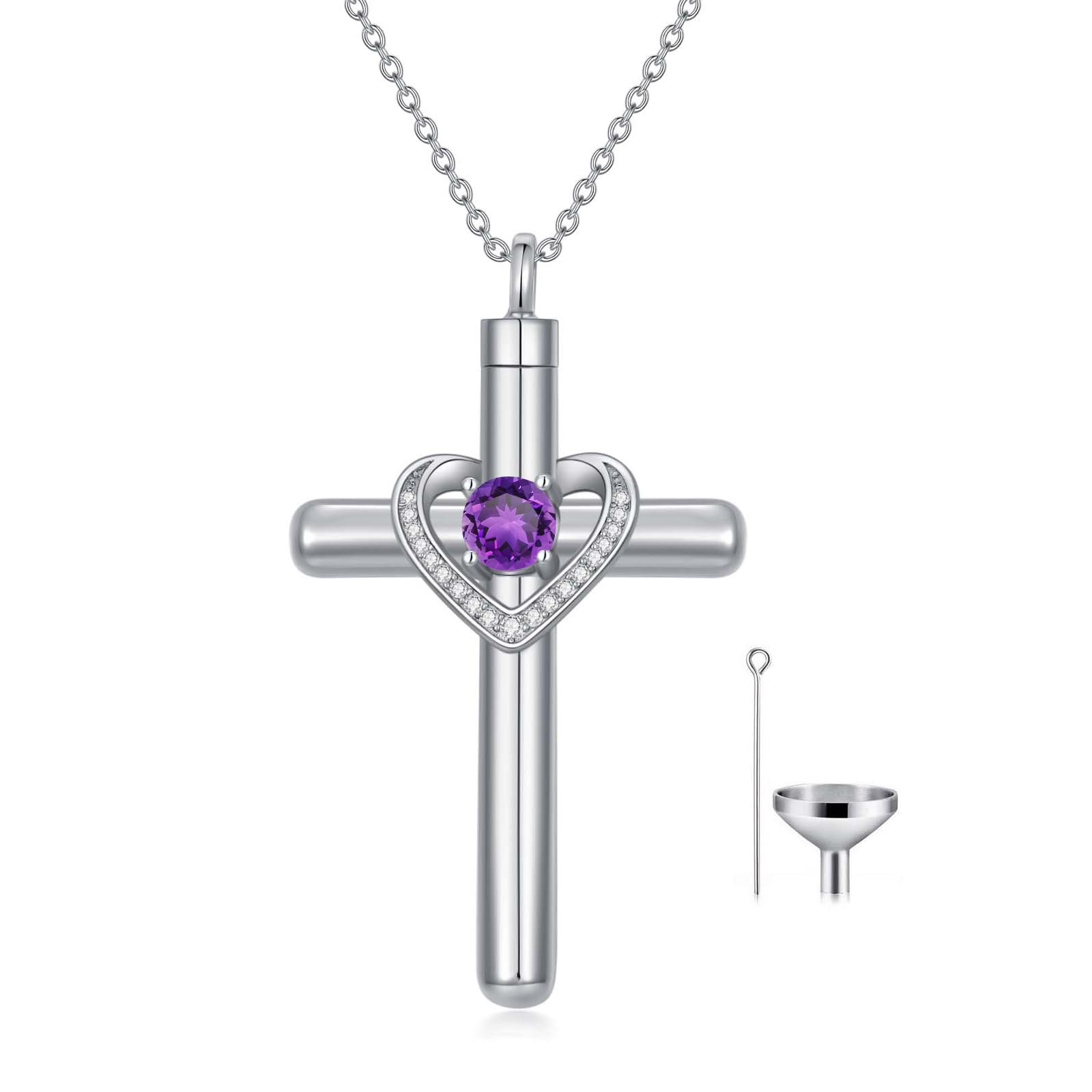 YAFEINI Cross Necklace for Ashes, Sterling Silver Birthstone Cross Urn Necklaces for Ashes Embellished with Crystals from Austria Keepsake Cremation Jewelry for Pet Human Ashes-3