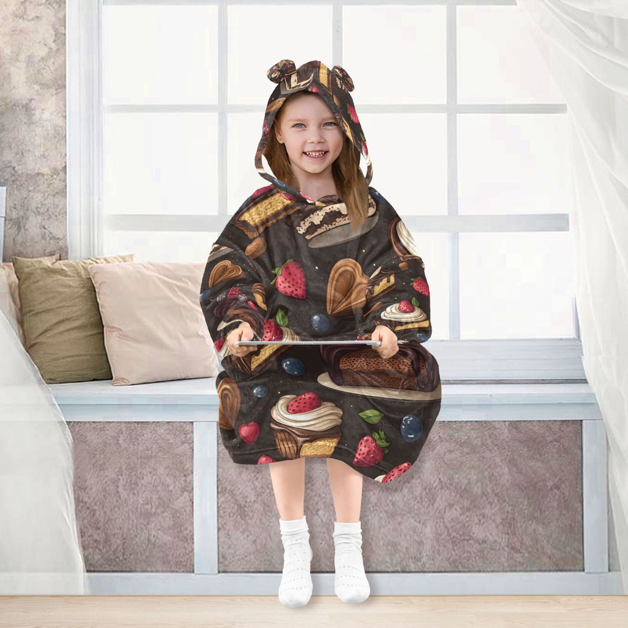FORMRS Wearable Blanket Hoodie with Sleeves for Kids Cozy Flannel Sweatshirt, Chocolate Cakes