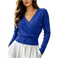 thumbnail image 2 of Bzdzmqm Womens V Neck Wrap Sweater Long Sleeve Ribbed Knit Slim Fit Pullover Top Fall Winter Office Work Wear, Blue 2XL, 2 of 9