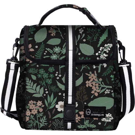 Lunch Box for Women, Insulated Lunch Bag Women with Adjustable Strap, Cute Lunch Tote Bag for Work,Picnic,Camping (Green Floral, Small)