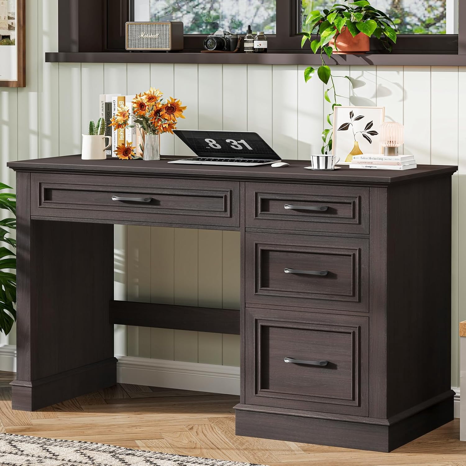 Halitaa Farmhouse 47" Executive Desk with File Drawer, Computer Desk with 4 Drawers, Workstation for Study, Home Office, Writing, Espresso.