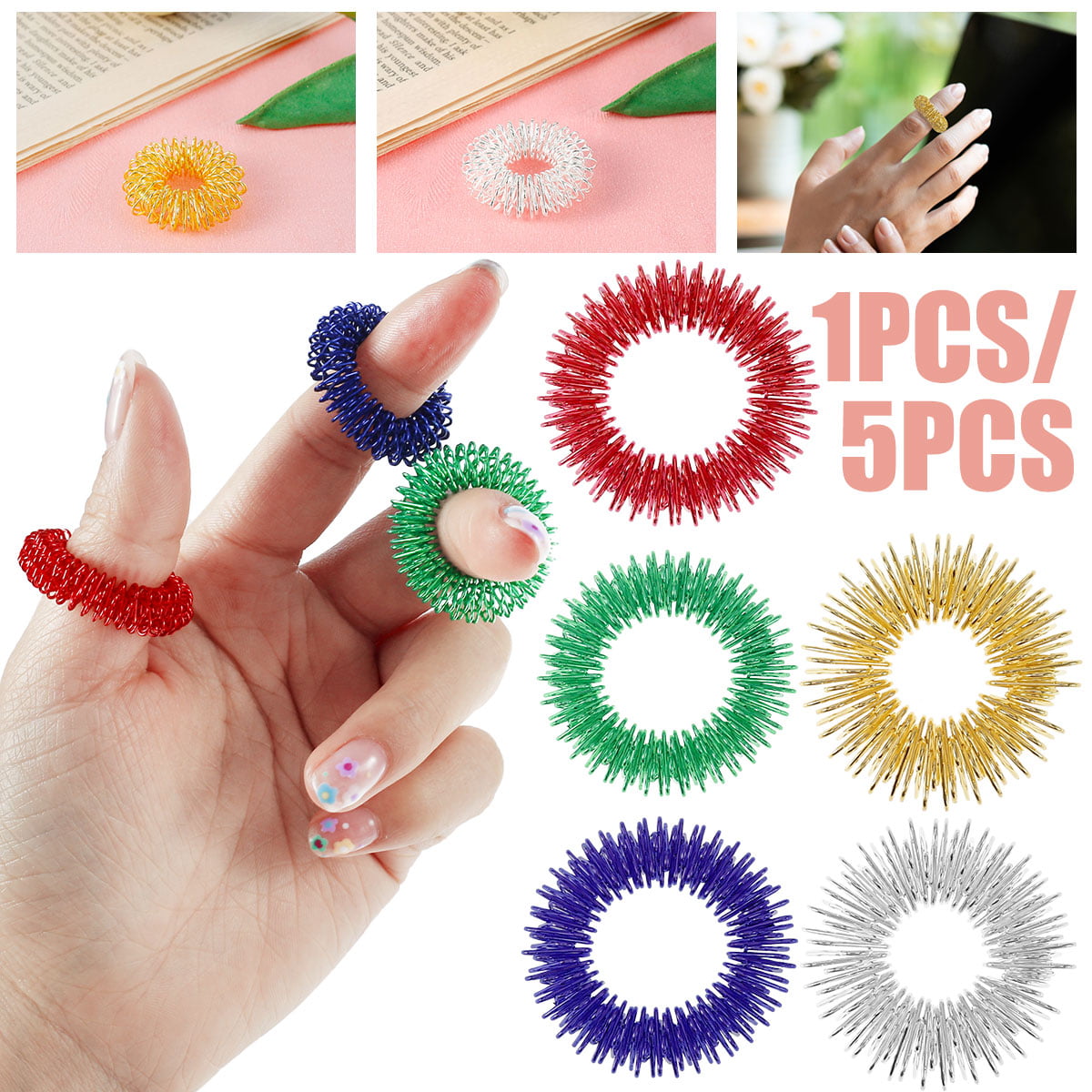 5pcs Spiky Sensory Finger Acupressure Ring Stress Reducer for Adults Kids Autism 