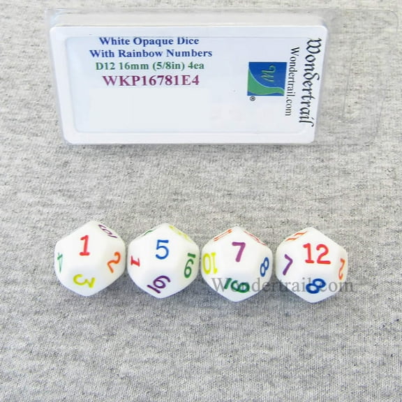 White Opaque Dice With Rainbow Color Numbers D12 16mm (5/8in) Pack of 4 Wondertrail