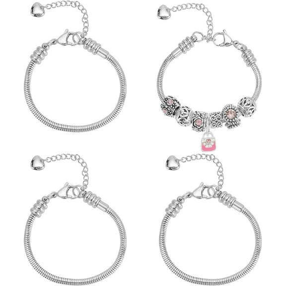 4Pcs Stainless Steel Snake Chains Bracelet Tiny Heart Charm Bracelet for Women Stainless Steel Color 6-1/4 inch(16cm)