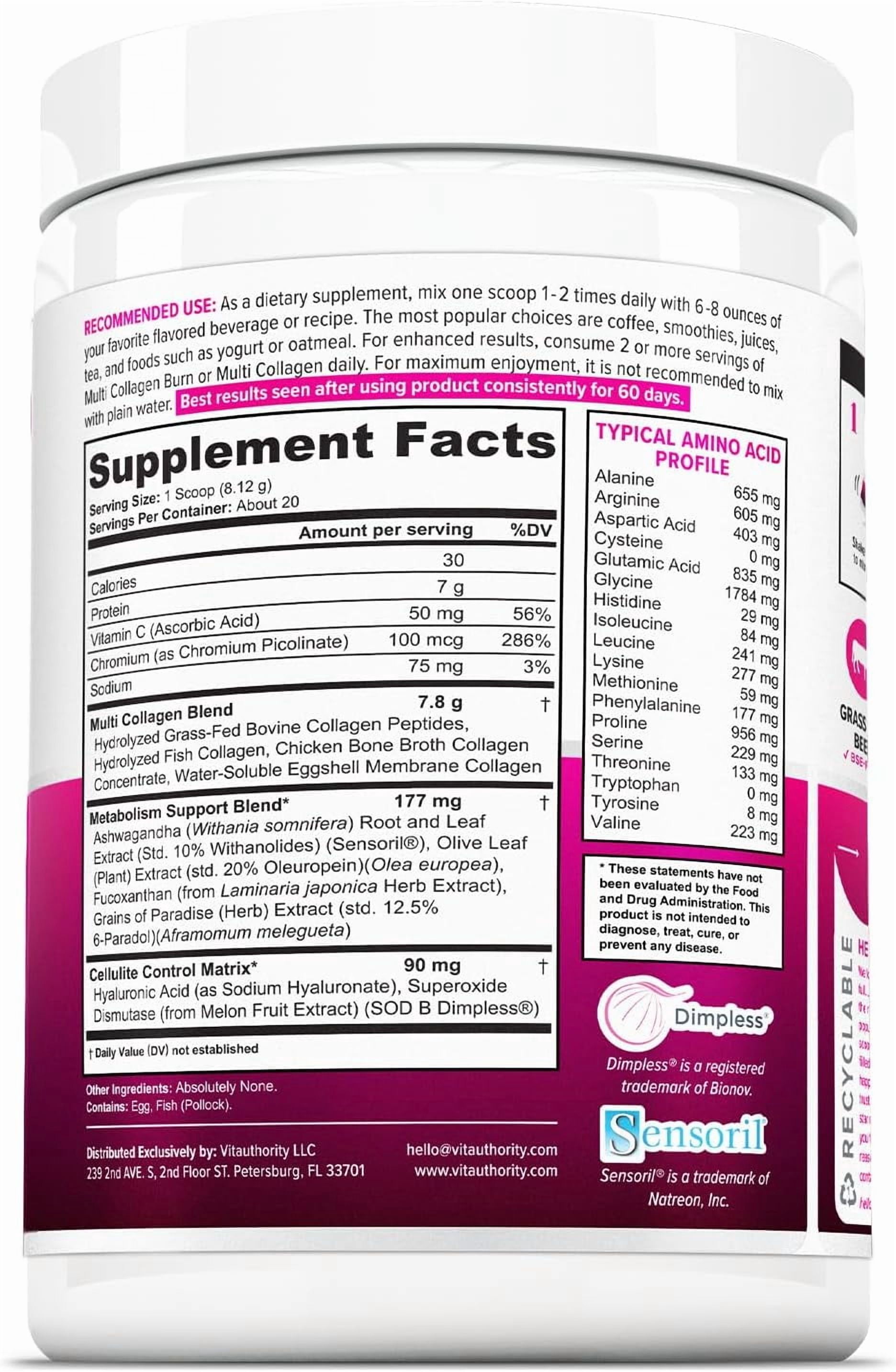 Vitauthority Multi Collagen Burn, Collagen Peptides Powder for Women, Unflavored, 20 Servings
