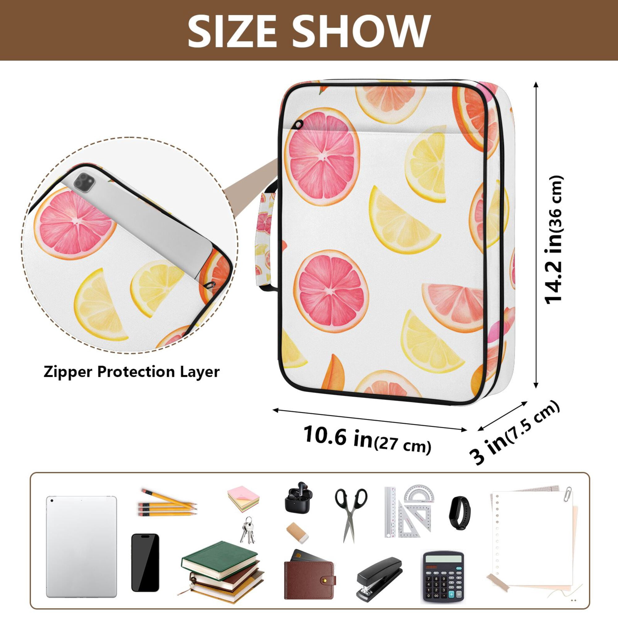 FORMRS Accordion File Folder A4 Size 7-Pocket Expanding Document Organizer Bag with 3 Ring Binder, White Grapefruit Slices