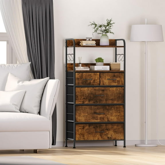 NEILA 5 Drawer Dresser,Clothes Drawer,Tall Dresser Drawer Chest,Sturdy Frame,Wooden Top,Roll Up Fabric Bin,Dresser Organizer for Bedroom, Living Room