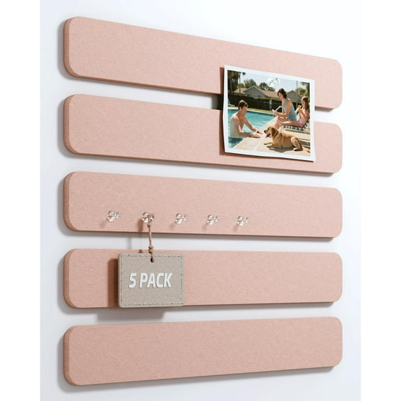 Cork Board Alternative Felt Strip Board 5-Pack 13"x2", Office Pin Board with 35 Push Pins, Adhesive Install for Bedroom Door & Home Office(Pink)