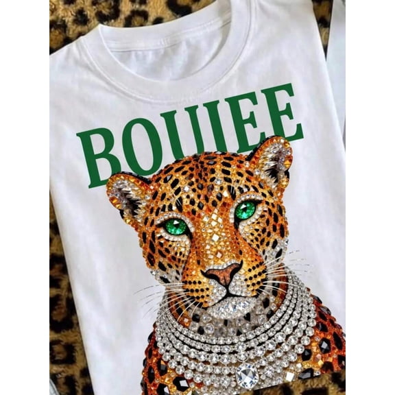 【New Arrival】Boujee Rhinestone Style Leopard Graphic T-Shirt, Luxury Animal Portrait Crewneck Short Sleeve Tee, Women Casual Fashion Top
