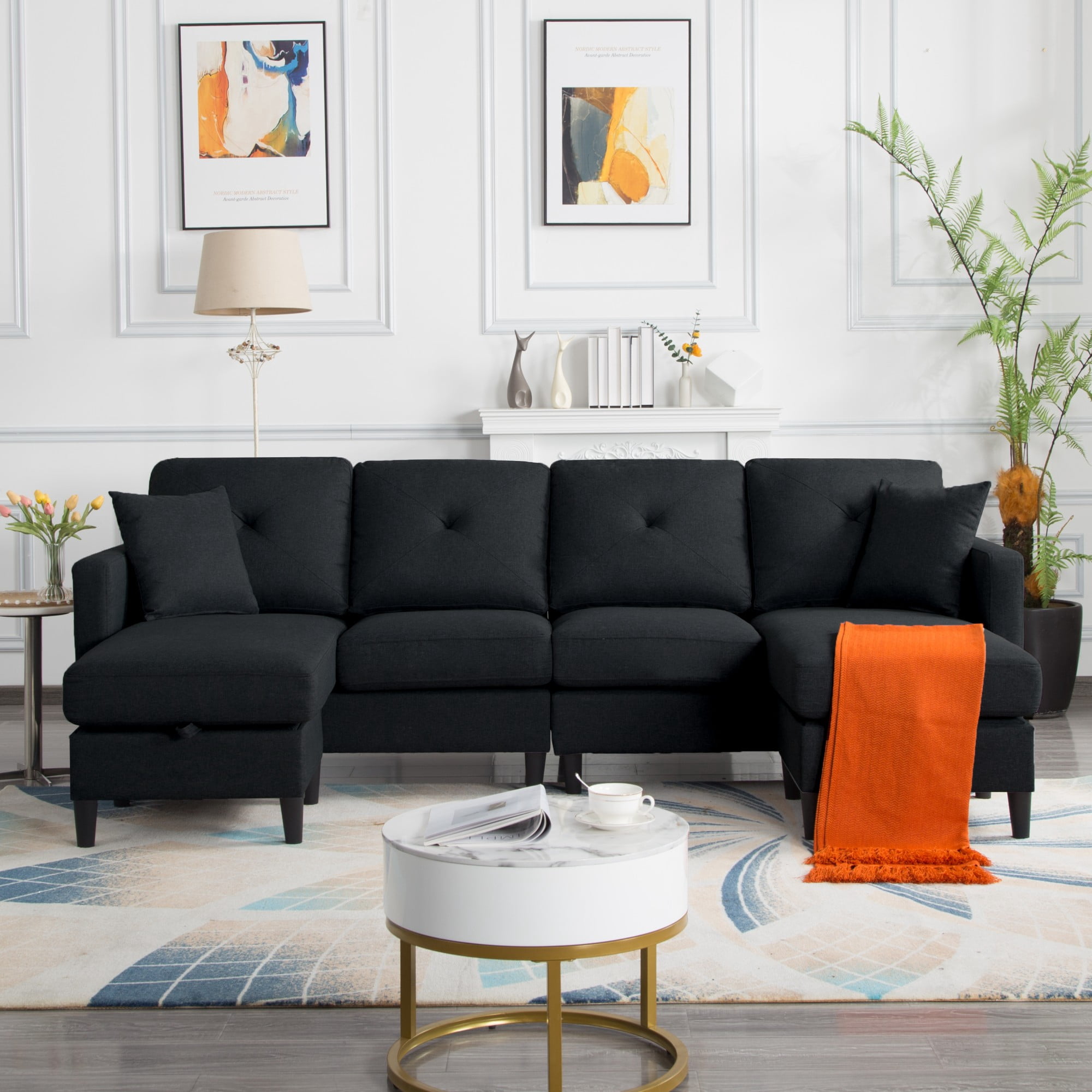 Gewnee 99.2”U-Shaped Modular Modular Combination Sofa with Storage Ottomans,Modern Large-Sized Sofa,Suitable for Living room(Black)