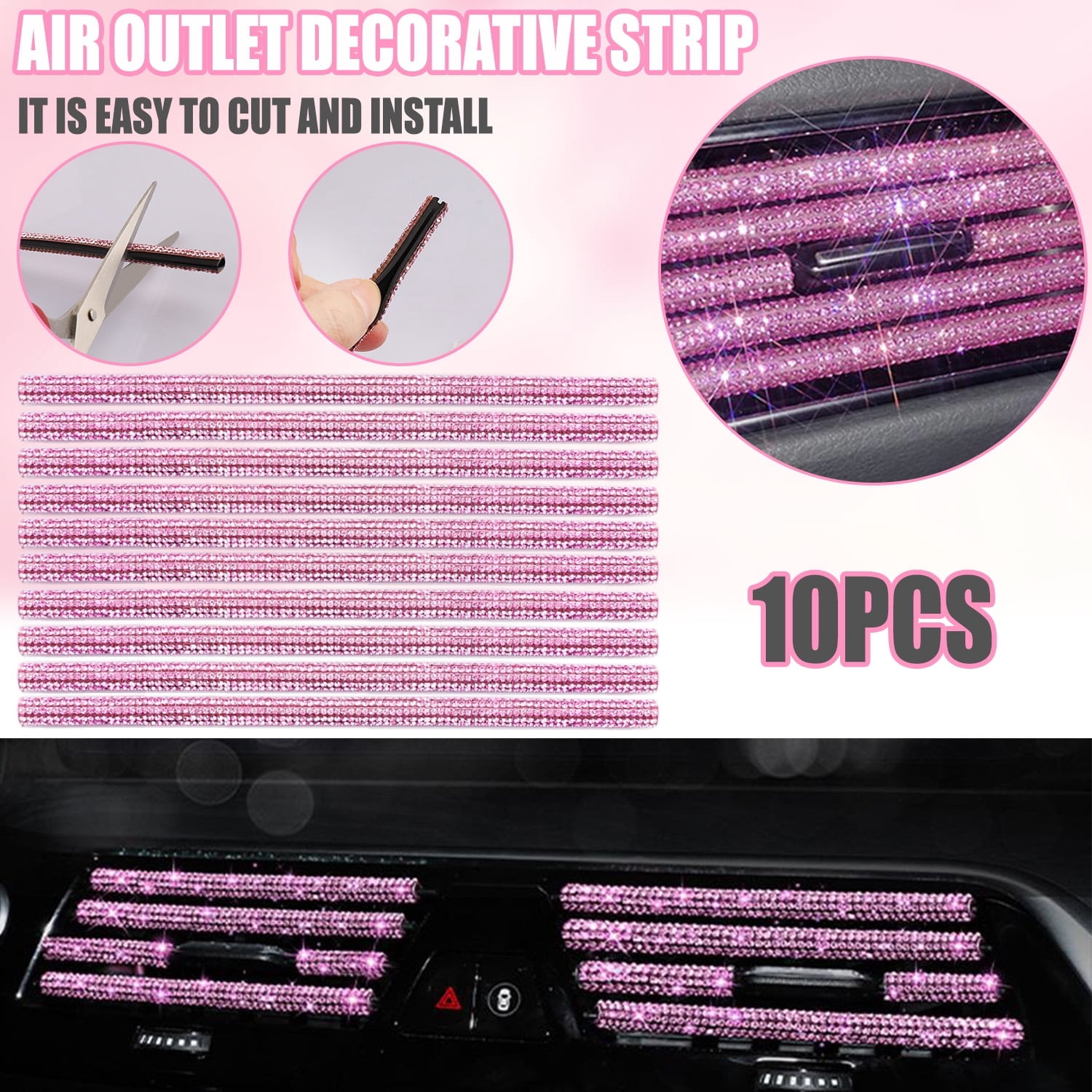 27 Pcs Bling Car Accessories Set for Women, 15 Inch Steering Wheel Covers, Universal Reinestone Vehicle Decorations, Pink