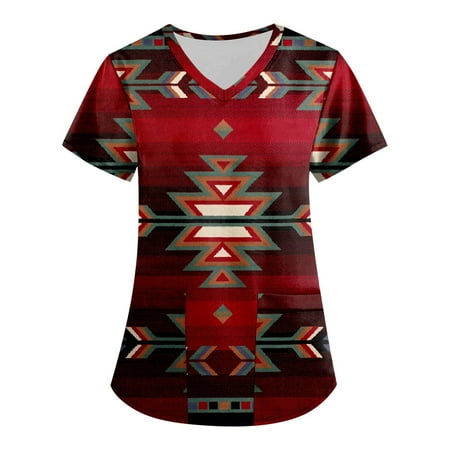 

QWERTYU Professionals Scrubs Top for Women Casual Pockets Uniform Short Sleeve Geometric Print T Shirt V Neck Working Nursing Scrubs Wine 4XL