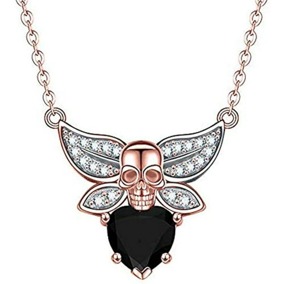 Skull With Angel Wings Pendant Necklace Halloween Special For Women Heart Shape Black Diamond 925 Sterling Silver 14K Rose Gold Plated