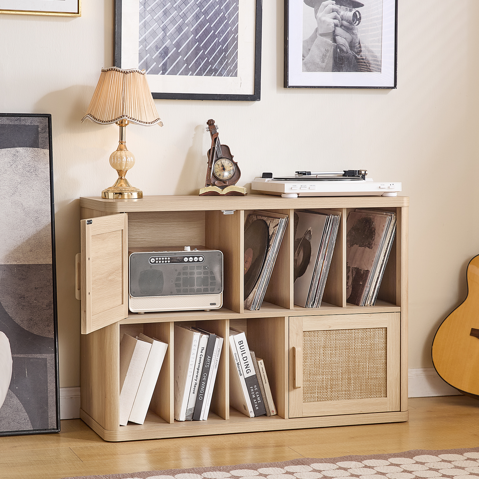 Large Record Player Stand, Rattan Turntable Stand Table Holds up to 450 Albums, Vinyl Record Storage Cabinet with Wood Legs for Living Room Bedroom Office, Natural Oak