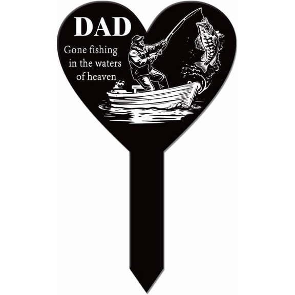 Heart Shaped Fishing Father Garden Stake Memorial Remembrance Plaque for Cemetery Acrylic Grave Stake Waterproof Blessing Garden Plaque for Yard Grave Cemetery Black DIY