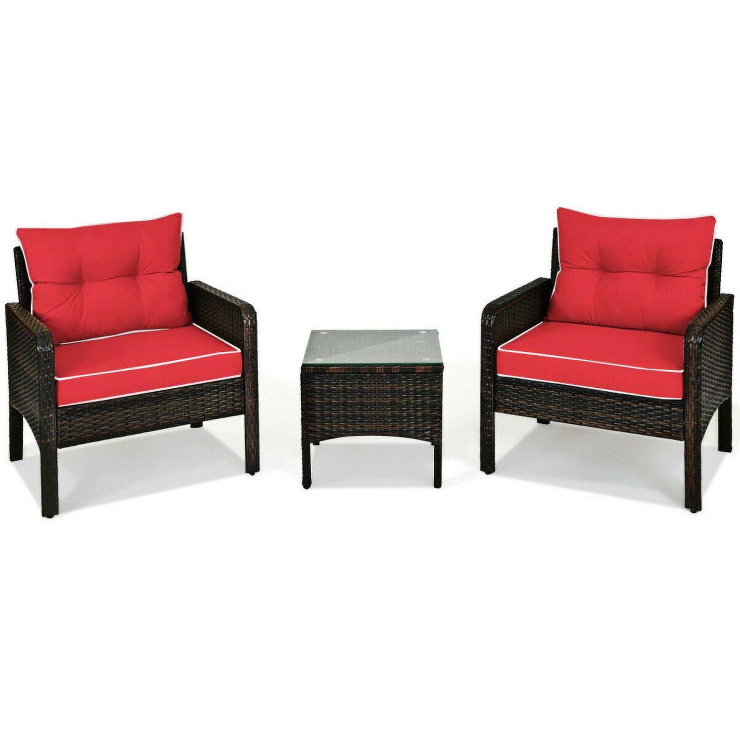 Aimee Lii 3 Pieces Outdoor Rattan Wicker Loveseat Furniture Set with Cushions, Small Patio Set, Red