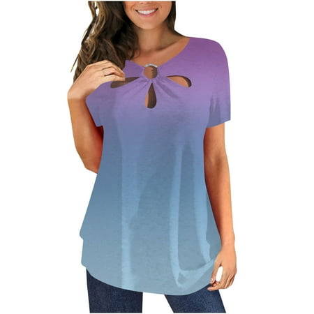 

kakina CMSX Hawaiian Shirts for Women Plus Size Fashion Casual V-Neck Short Sleeve Print Top Blouse Ladies Casual Tops Light Blue XL