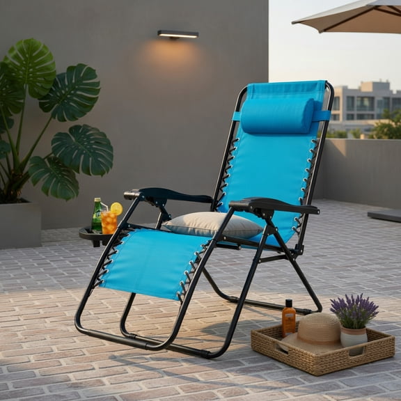 Hommoo Zero Gravity Folding Lounge Chair for Outdoor & Indoor Use, Heavy-Duty Steel Frame, Compact Foldable Design with Cup Holder & Adjustable Recline, Light Blue