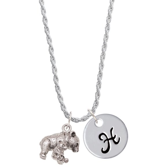 Delight Jewelry Silvertone Panda with Baby Silvertone Script Initial Disc - H - Charm Necklace, 20"+3"