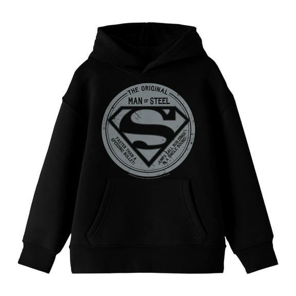 Superman The Original Man Of Steel Long Sleeve Youth Black Hooded Sweatshirt-Large