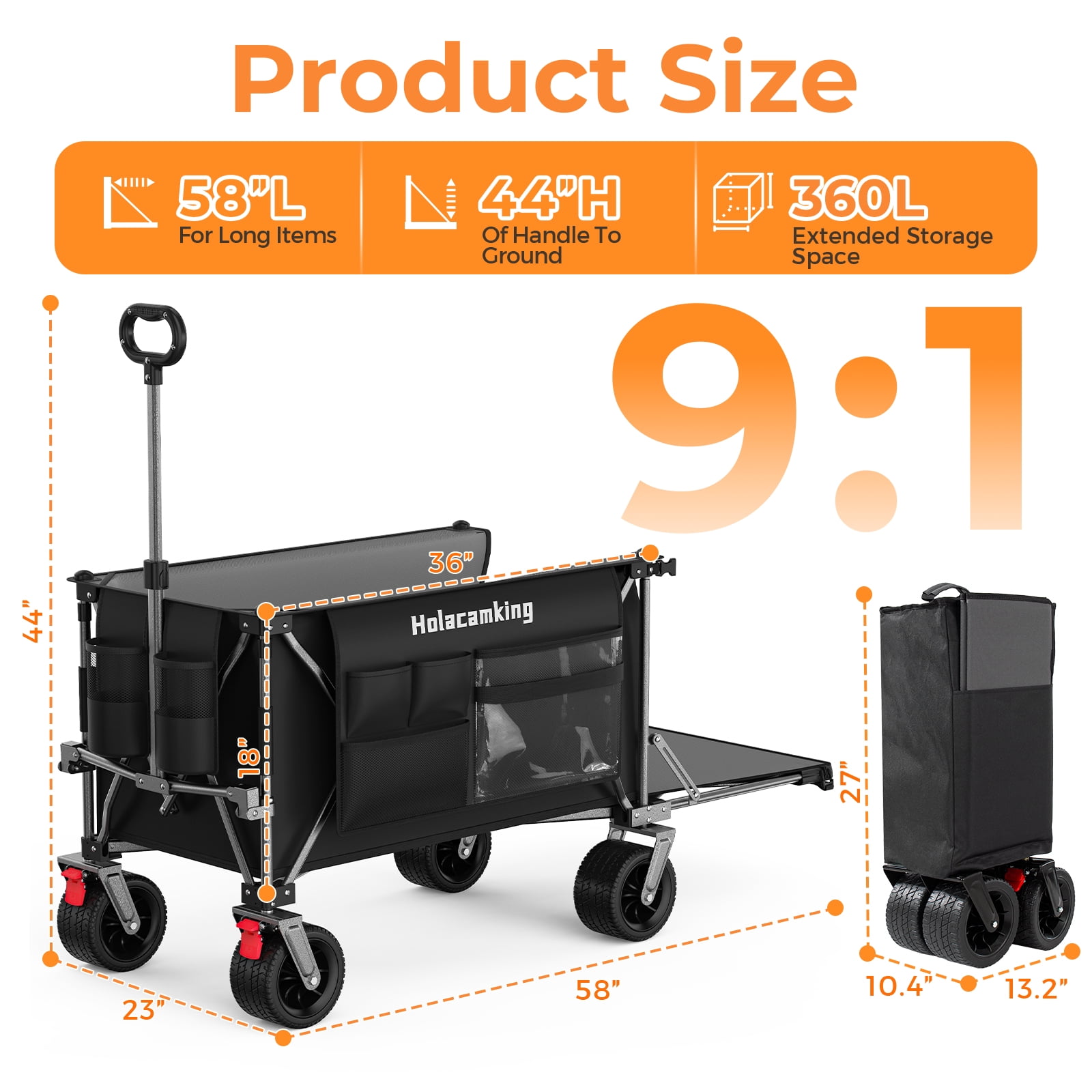 Utility Wagon with 58 Expandable Tailgate 500 lbs Capacity All-Terrain Wheels Beach Camping Cart