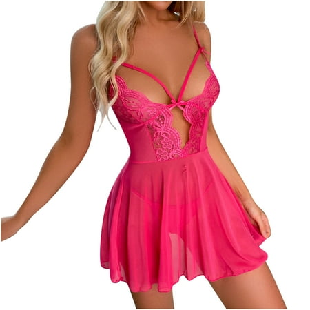 

HAPIMO Rollbacks Women s Sexy Lingerie Lace Babydoll Set Mesh Chemise Boudoir Nightwear Sexy Nightgown Cozy Nightie Bridal Nightdress Hot Pink M