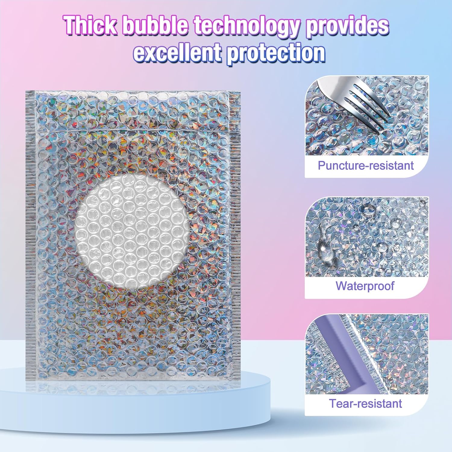 50 Pieces Holographic Bubble Mailers,3 Sizes Metallic Bubble Mailers,Sliver Foil Glitter Padded Envelopes,Self Sealing Waterproof Shipping Bags,Cushion Envelopes for Mailing Packing