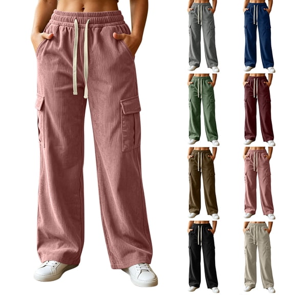 Women Corduroy Cargo Wide Leg Pants Sevevn Elastic Drawstring Waist Casual Trousers With Multi Cargo Side Pockets, Rich Solid Color Variations For Street Style Hiking And Outdoor Casual Wear