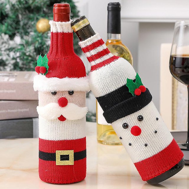 Decoración de botella de Navidad - Juego de 2 X Funda de calcetín de botella de vino de Navidad - Patrón de Papá Noel y mu?eco de nieve rojo y blanco - Cov de botella de mesa de Navidad