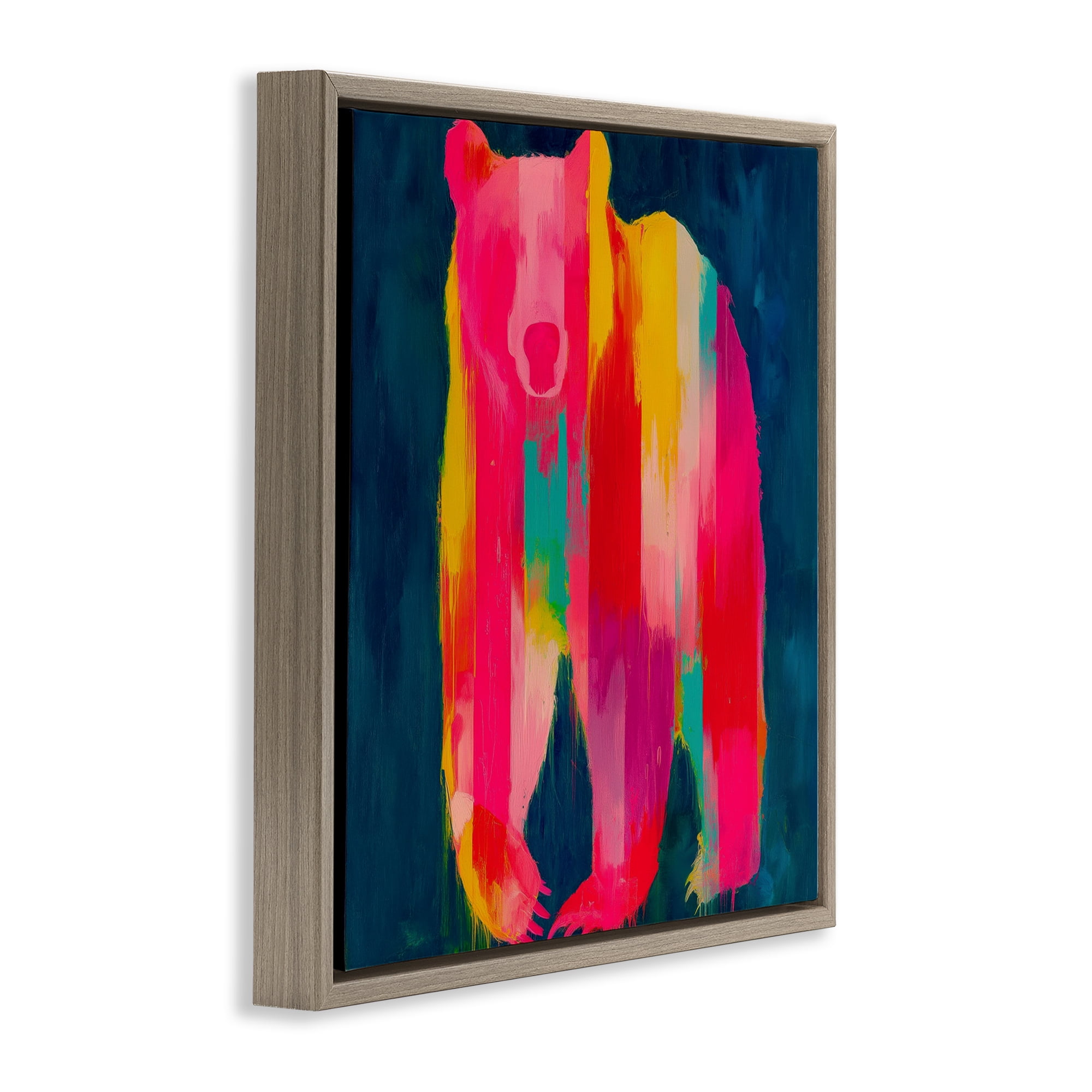 Stupell Industries Pink & Yellow Bear Standing Tall Brown Framed Floater Canvas Wall Art, design by Chromatic Storm Studio