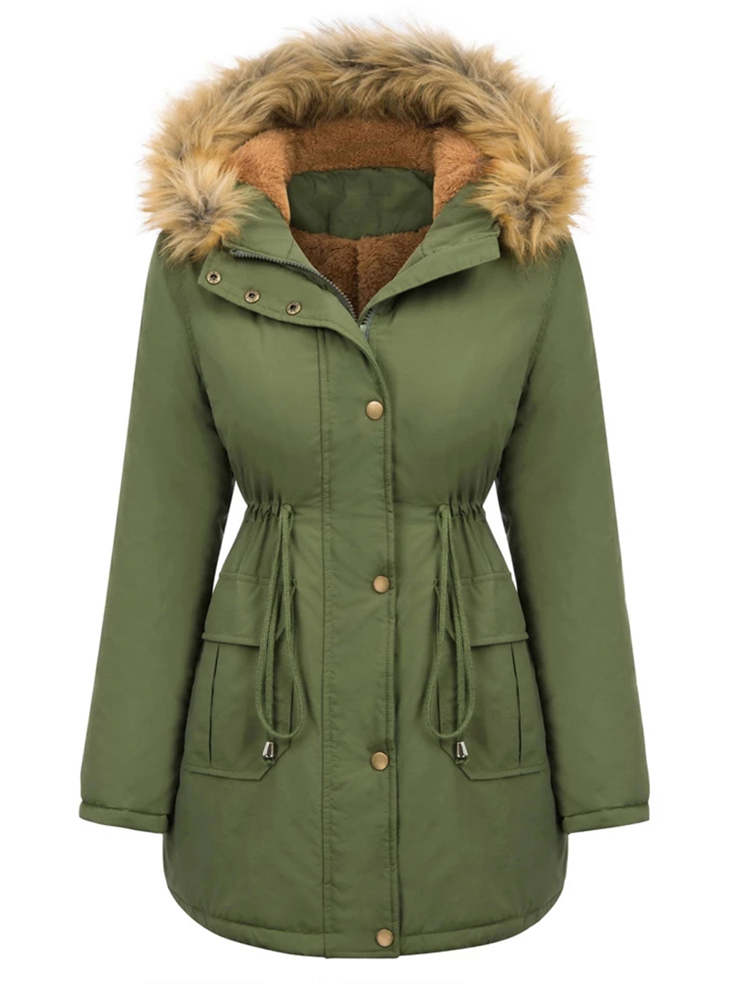 Yck-SAiu Womens Padded Coat Thicken Winter Warm Fleece Lined Long Jacket Comfy Slim Overcoats with Fur Trimmed Hood 