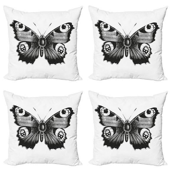 Ambesonne Black and White Throw Pillow Cover 4 Pack, Peacock Butterfly, 18", Black White
