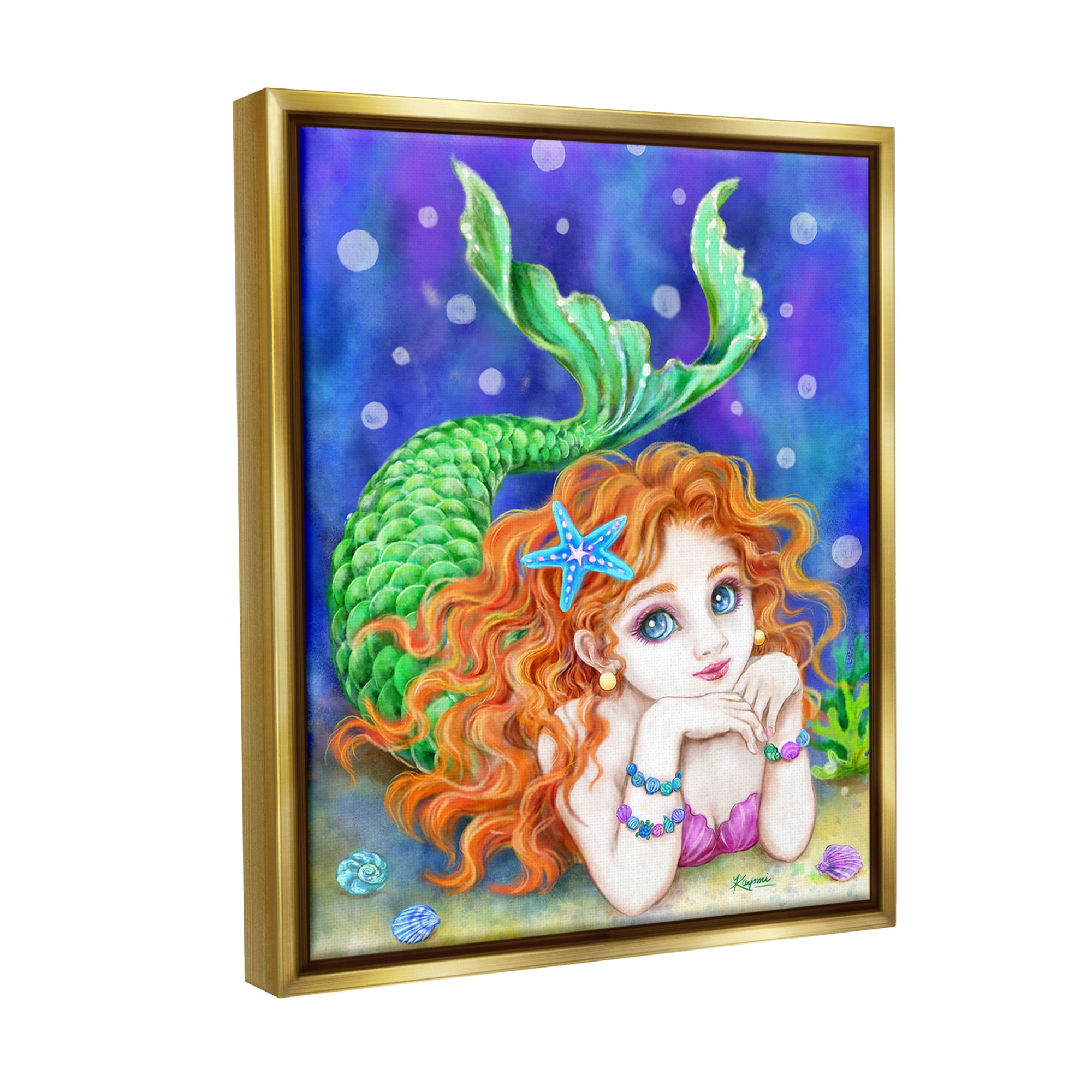 Stupell Industries Relaxing Mermaid Underwater Fairy Tales & Fantasy Painting Gold Floater Framed Canvas Art Print Wall Art, 25 x 31