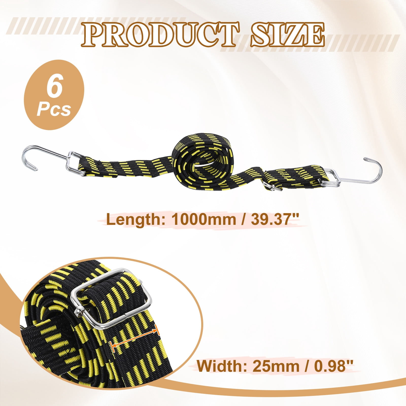 Uxcell 6 Pack Adjustable Bungee Cords with Hooks, 39 Inch Flat Heavy Duty Elasticity Straps Rubber Bungee Cords with Buckle for Outdoor, Camping, Tarp, Bike Rack, Luggage, Black Yellow