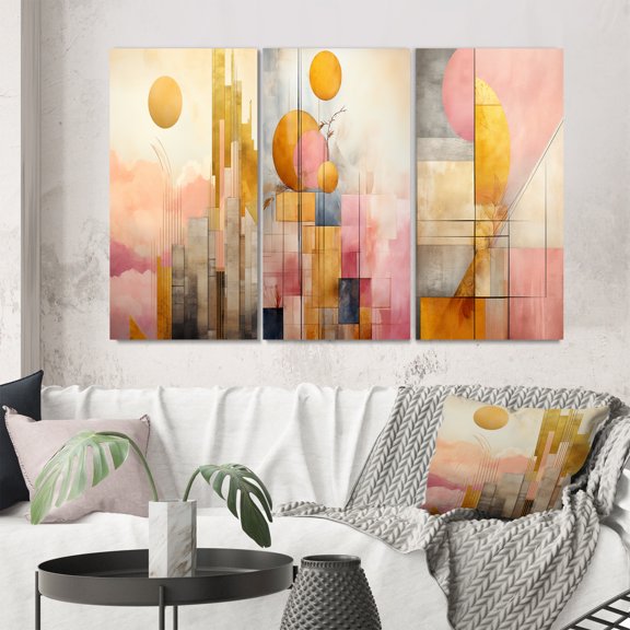 Designart "Golden Dreams of the Moon in Retro IV" Modern Geometric Wall Art Set Of 3 - Pink Abstract Canvas Set For Living Room Decor