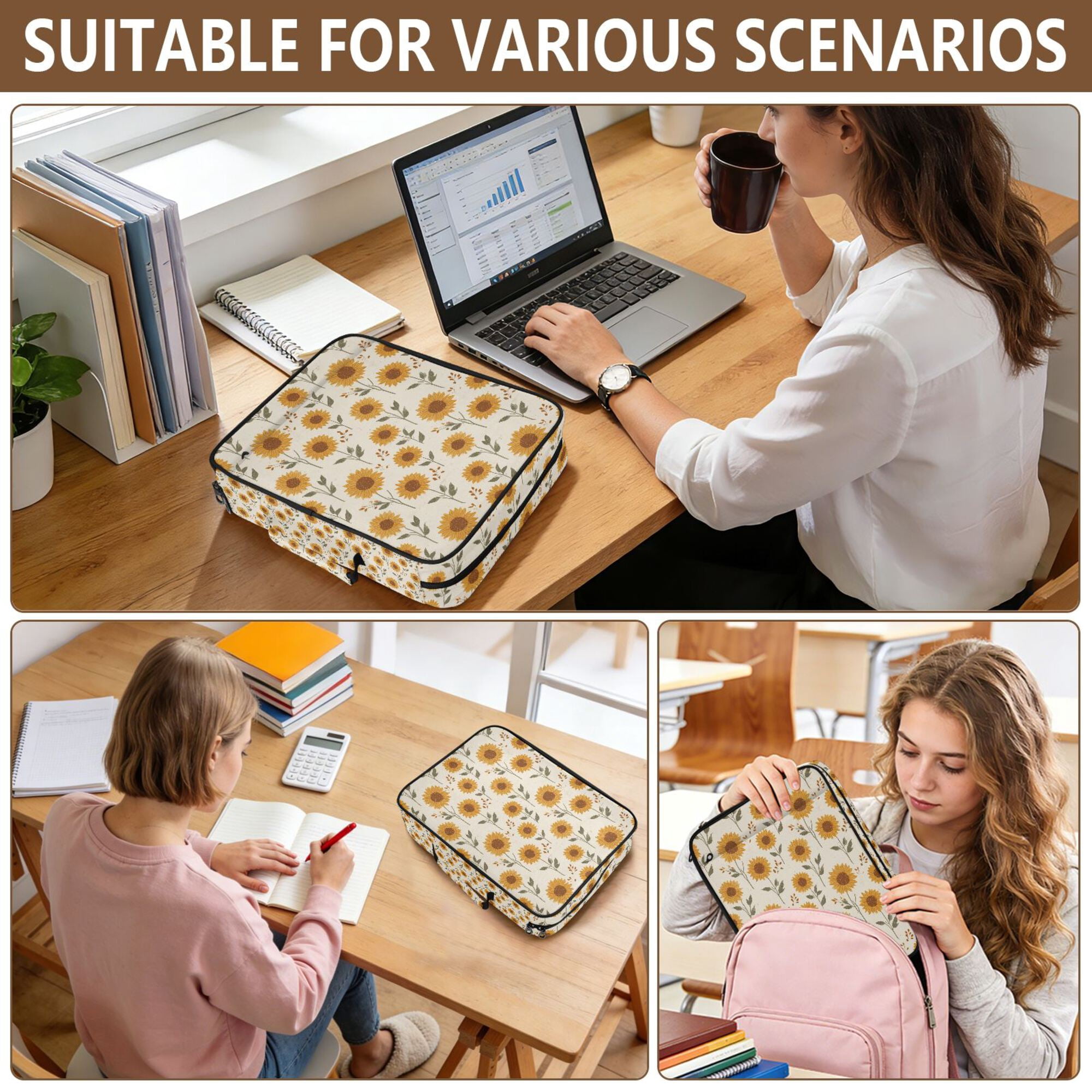 FORMRS Accordion File Folder A4 Size 7-Pocket Expanding Document Organizer Bag with 3 Ring Binder, Beige Sunflower Pattern