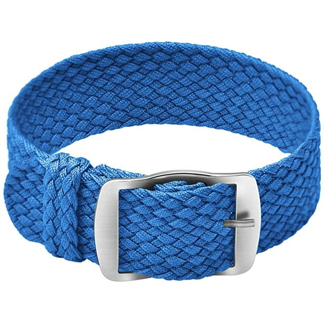 Bracelet en Nylon Perlon Unisexe avec Boucle Argentée en Acier Inoxydable, Bleu, 18mm