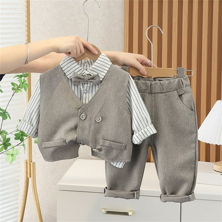 

Hunpta Toddler Kids Child Infant Newborn Baby Boys Gentleman Long Sleeve Striped Bowknot Shirt Tops Solid Pant Trousers With Vest Outfits Set 3PCS Clothes