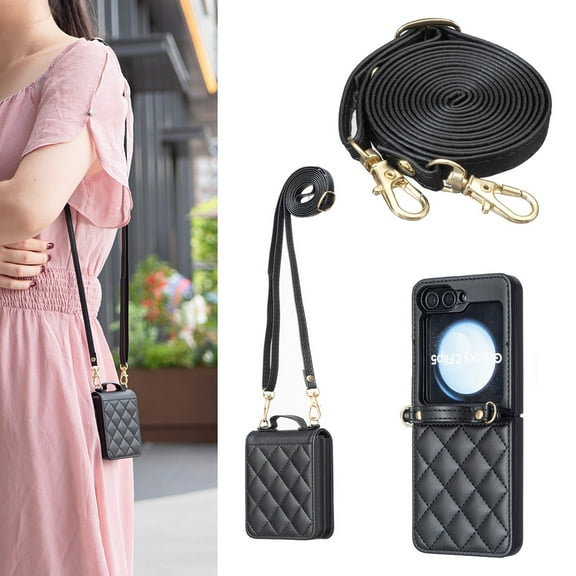 Allytechgroup Case for Samsung Galaxy Z Flip 7, Slim Lightweight PU Leather Shock-Absorbent Non-Slip Cover with Shoulder Strap Plastic Protective Phone Case for Samsung Galaxy Z Flip 7, Black