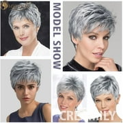 Creamily Grey Short Wigs for Women Layered Short Pixie Cut Wigs with Bangs Synthetic Grey Wigs Wefted Wig Cap