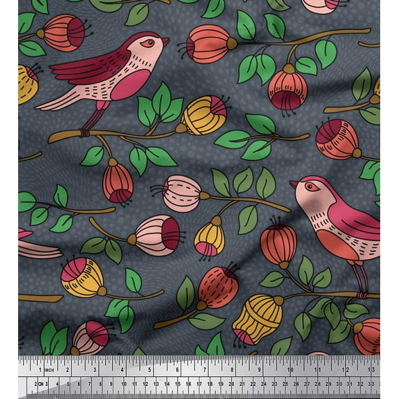 Soimoi Blue Cotton Duck Fabric Artistic Bird & Floral Print Sewing Fabric Yard 56 Inch Wide