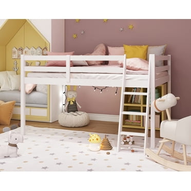 VINGLI Full Size Loft Bed with Inclined Stairs, Junior Loft Bed with High Guard Rail for Kids/Young Teens/Adults, Solid Wood Full Size Bed Frame White, 2 Center Beams, No Box Spring Required
