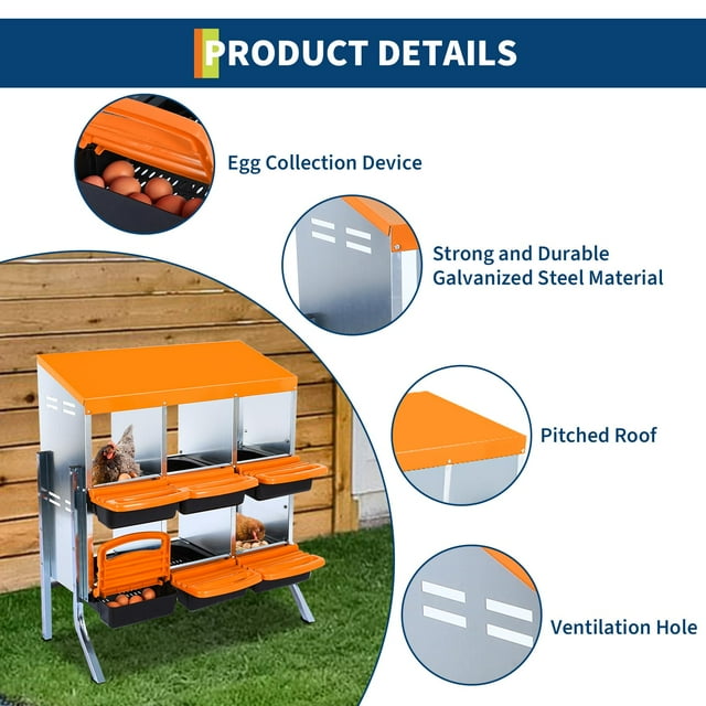 GloryStar Chicken Nesting Box, 6/8/10 Compartment Metal Laying Boxes with Legs, Roll Away Design, Lid Cover to Protect Eggs