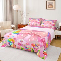 Manfei Kawaii Bowtie Bow Twin Sheet Sets,Colorful Fairy Tale Twin Fitted Sheet,Cartoon Daisy Candy Pattern Flat Sheet For Girl Kids,Breathable Home Decor,3pcs