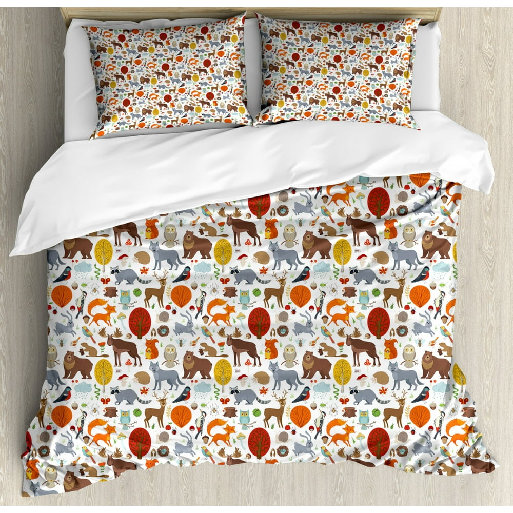 Forest Duvet Cover Set Queen Size, HandDrawn Cute Wild Woodland Creatures as Deer Moose Bear